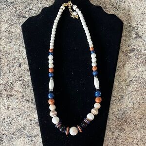 Beaded Necklace in White, Blue, and Brown